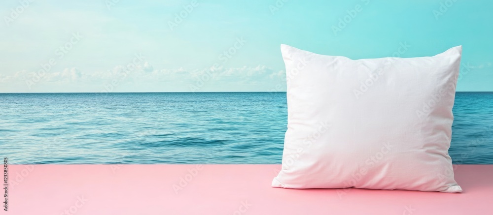Aufkleber white pillow on pink surface with serene blue ocean backdrop creating ample empty space for text or 
