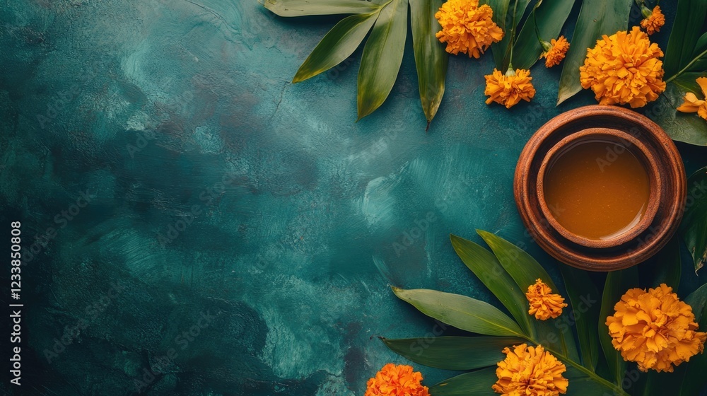 Poster vibrant clay diya surrounded by marigold flowers and leaves on a teal background with ample empty sp