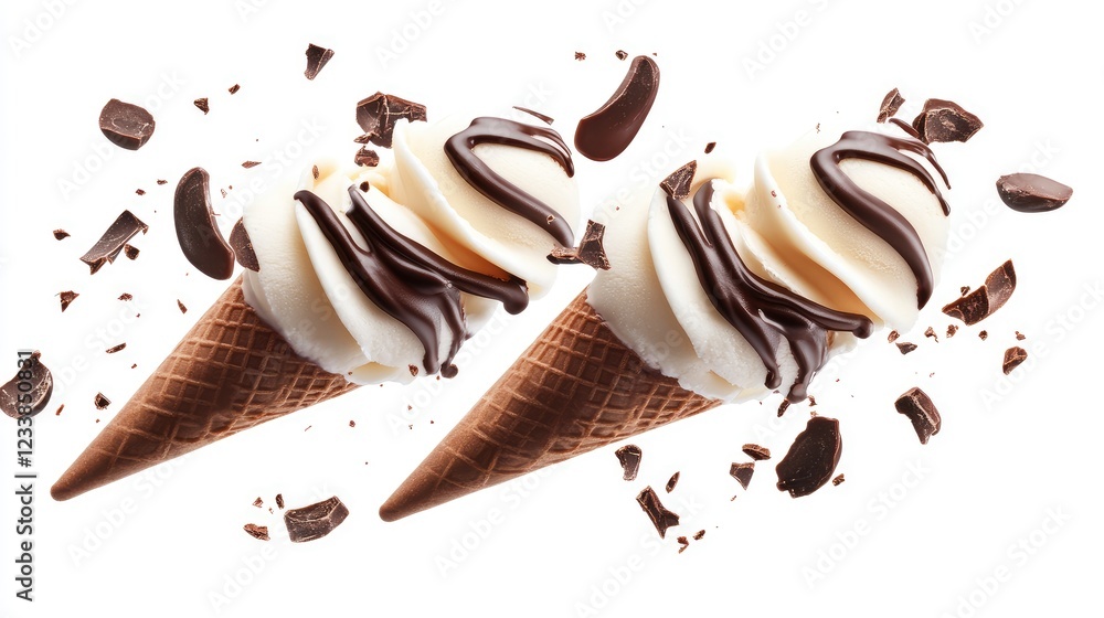 Poster two ice cream cones with chocolate and vanilla swirls surrounded by chocolate shavings on a clean wh