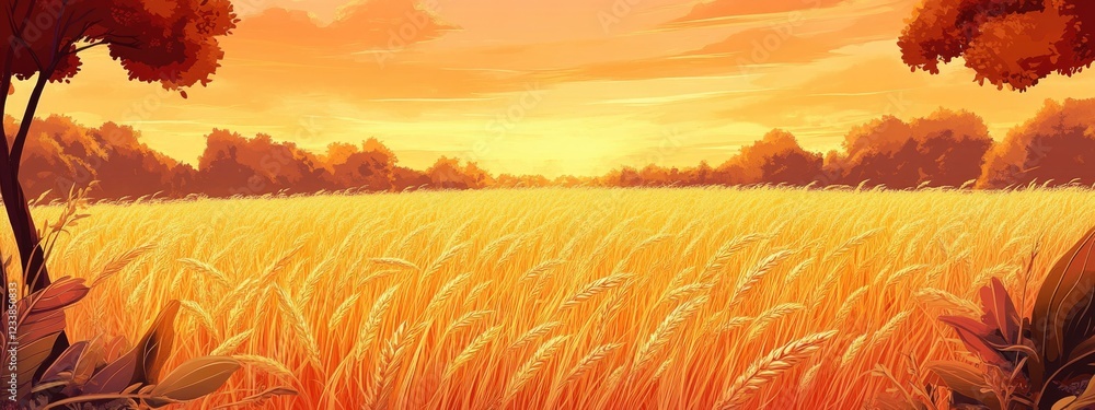 Aufkleber golden wheat field at sunset with expansive copy space for text or branding message