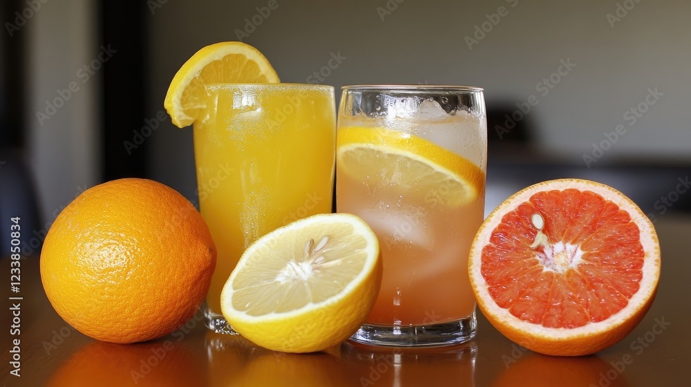 Poster vibrant display of citrus fruits with refreshing juice cocktails oranges lemons grapefruits on woode