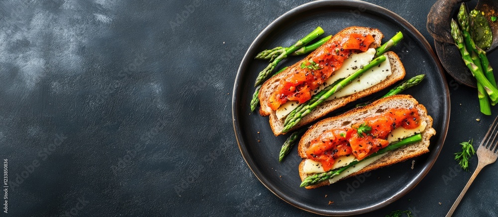 Poster Gourmet sandwiches with asparagus and spicy toppings on a dark table setting featuring empty copy space for text and decorative presentation.