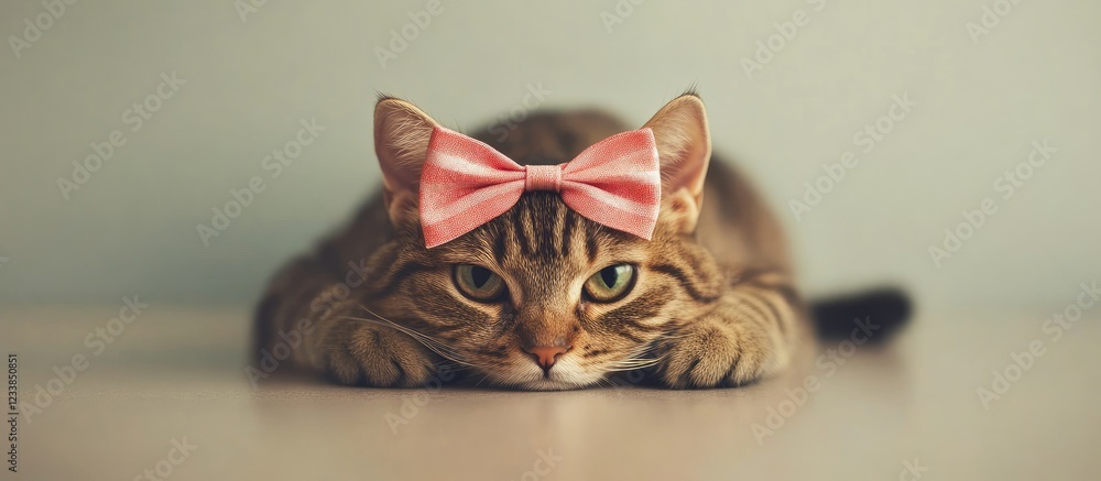 Poster adorable cat with a pink bow resting on a surface against a soft background perfect for text overlay