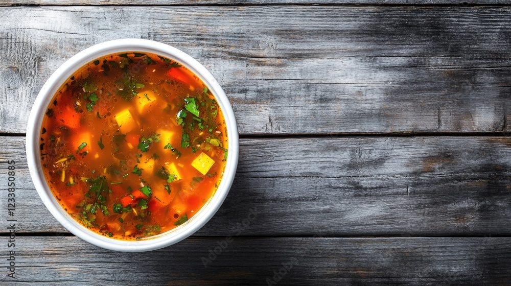 Aufkleber tom yum soup hot and spicy in white bowl on rustic wood table with empty space for text and ingredie