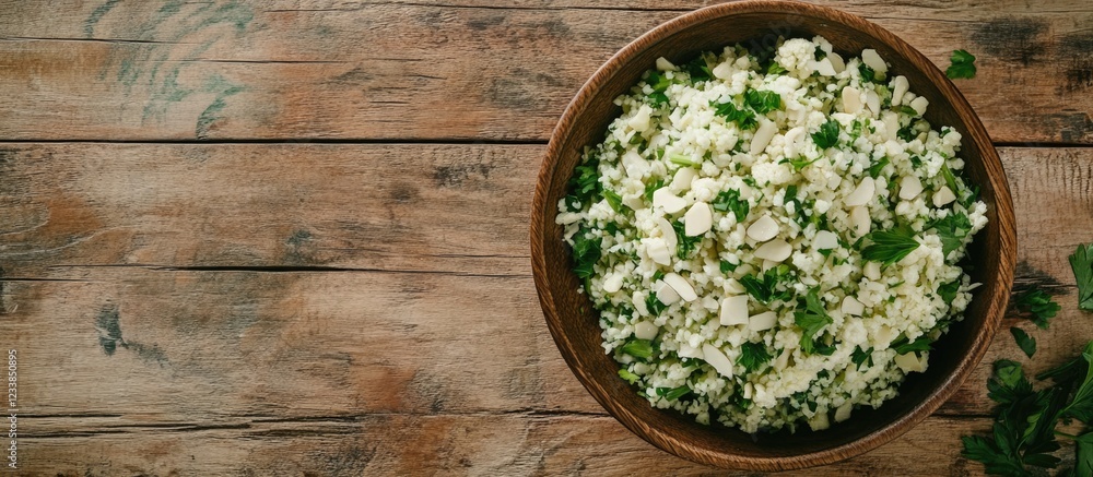 Poster cauliflower rice mixed with ground almonds and parsley served in a wooden bowl on a rustic table wit