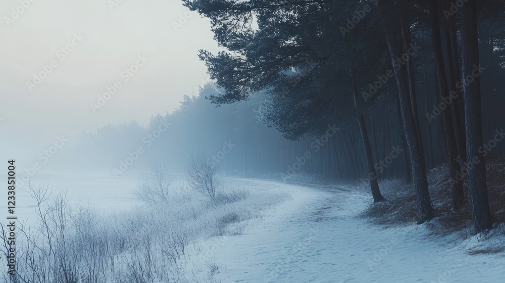 Aufkleber foggy winter forest road with snow and trees creating serene atmosphere for text placement in a quie