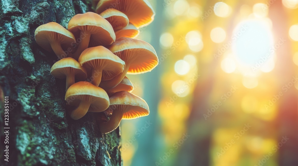 Poster Vibrant Orange Mushrooms on Tree Trunk against Soft Focus Background with Copy Space for Text in Natural Environment