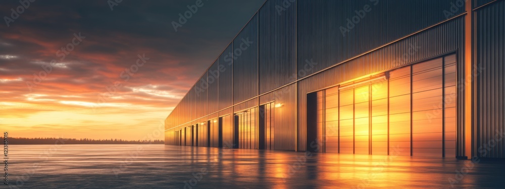 Poster warehouse at sunset with warm lighting creating a serene atmosphere and empty space for text overlay