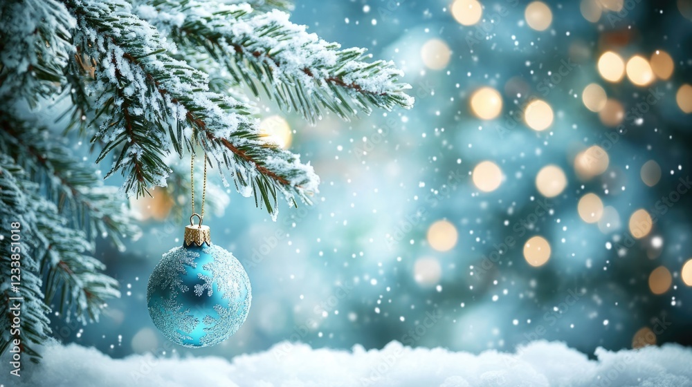 Aufkleber winter greeting card design featuring a snowy fir tree branch adorned with a christmas ornament and 