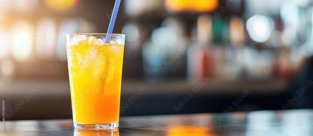 Wall mural Glass of refreshing orange juice with ice and straw on bar counter in cafe setting with blurred drinks in background and empty space for text