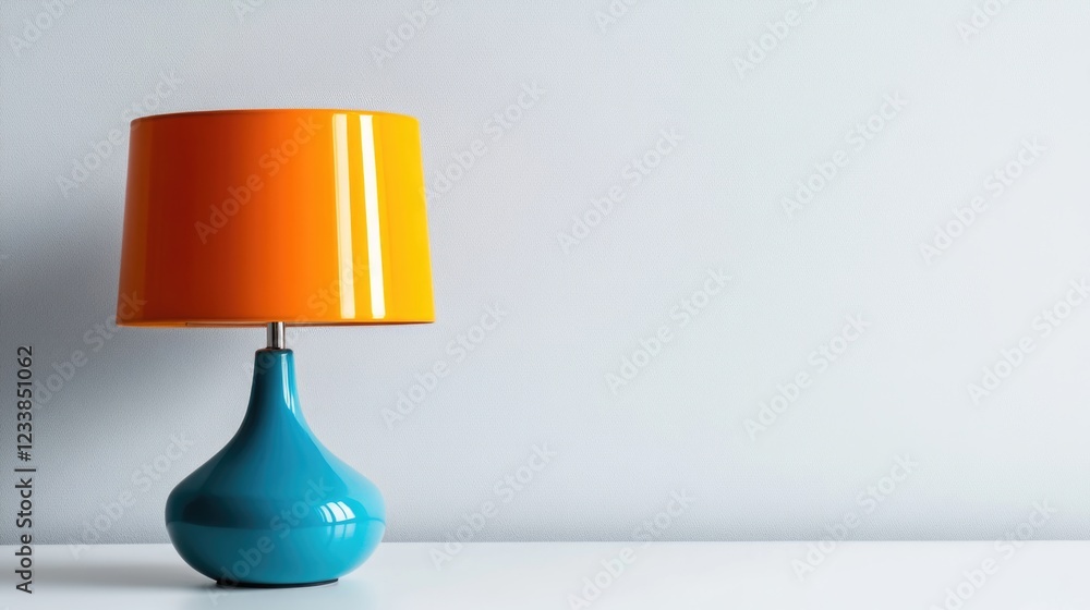 Leinwandbilder Colorful modern table lamp with orange shade on white surface providing ample negative space for custom text or branding.