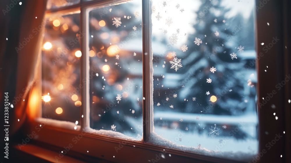 Poster snowy window closeup with delicate snowflakes and soft bokeh lights creating a cozy winter atmospher