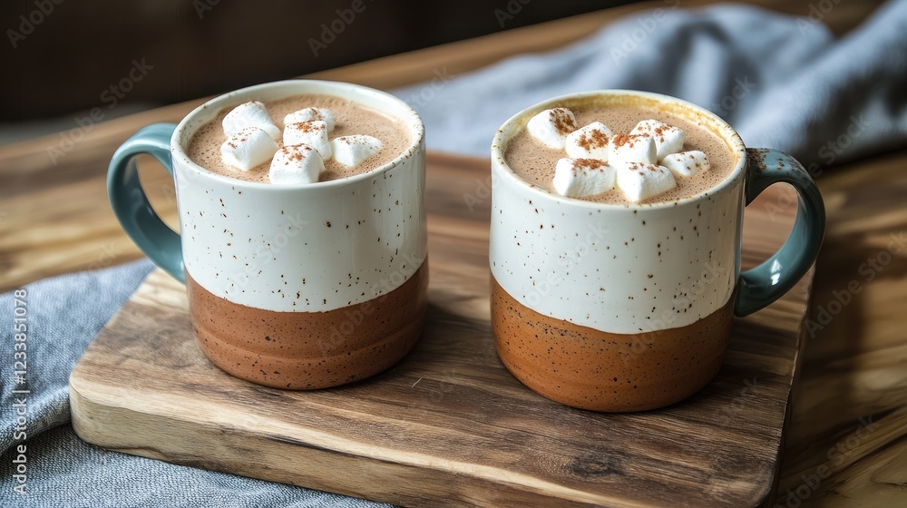 Poster cozy cocoa cups with marshmallows on rustic wooden surface ideal for seasonal warmth and comfort in 