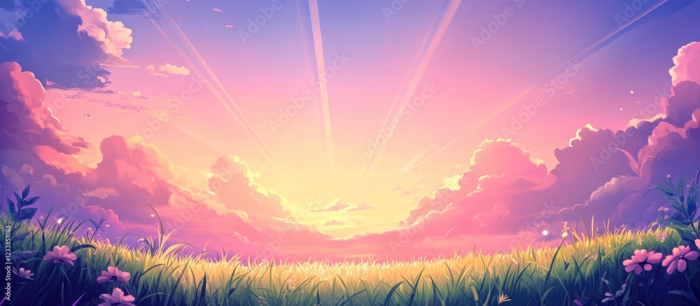 Poster serene spring landscape with colorful skies sunbeams and ample space for text and graphics