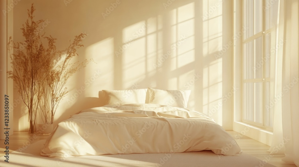 Poster Serene bedroom interior featuring cream bedding and large window casting soft shadows with ample space for text overlay.