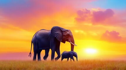 Fototapeta premium Majestic Elephant and Calf Walking Together at Sunset in Nature