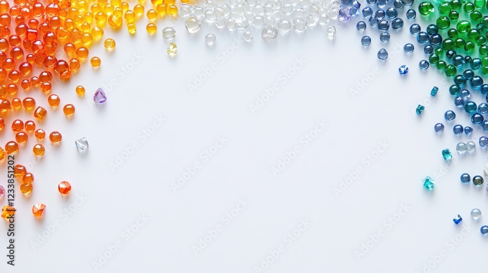 Aufkleber Vibrant assortment of colorful glass beads in various shapes and sizes arranged on a white background with space for text or design elements