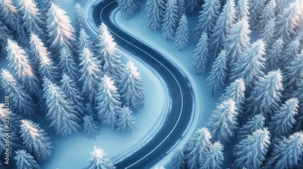 Poster winter highway curving through pristine snowy forest with empty space for text and visually captivat