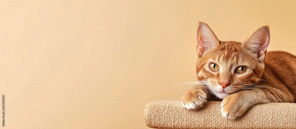 Poster domestic cat resting on a scratching post with empty space for text against a soft yellow background