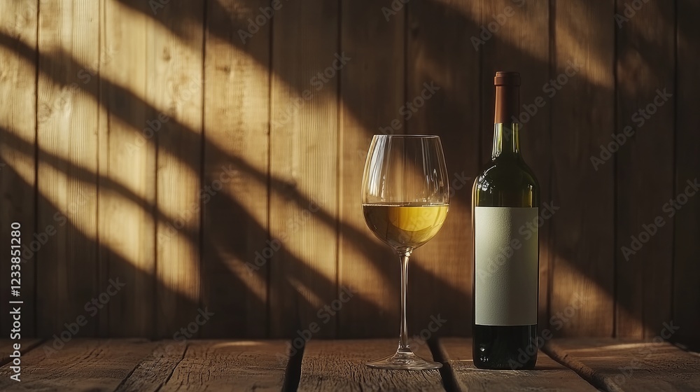 Poster elegant white wine bottle and glass displayed on a rustic wooden backdrop with soft shadow play for 