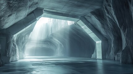 Futuristic underground tunnel showcasing clean architectural design with light filtering through...