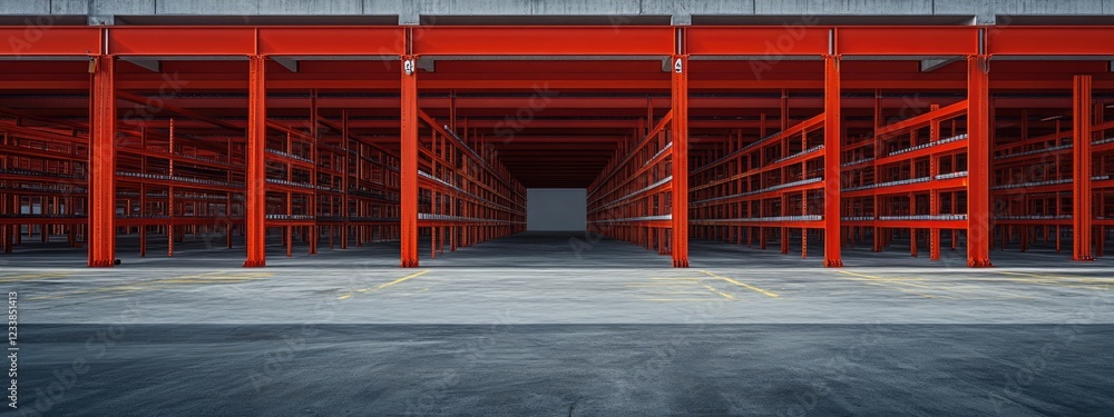 Poster warehouse interior featuring an empty racking system with bright orange beams and ample copy space f