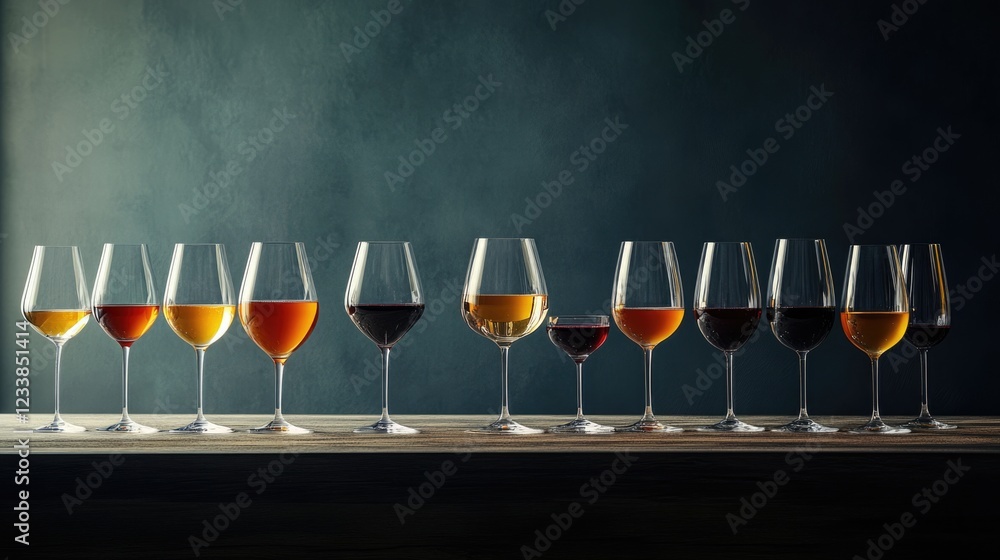 Poster wine selection display featuring various glasses for aperitif and tasting with empty space for text 
