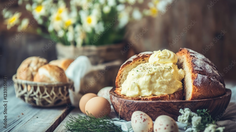 Poster Traditional Easter Breakfast with Bread Eggs and Mayonnaise on Rustic Table with Empty Copyspace for Text in Soft Retro Filter