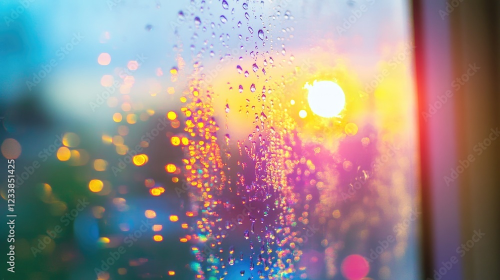 Poster Colorful Bokeh Lights and Water Droplets on Window with Sunset Reflections Creating a Dreamy Abstract Background Effect