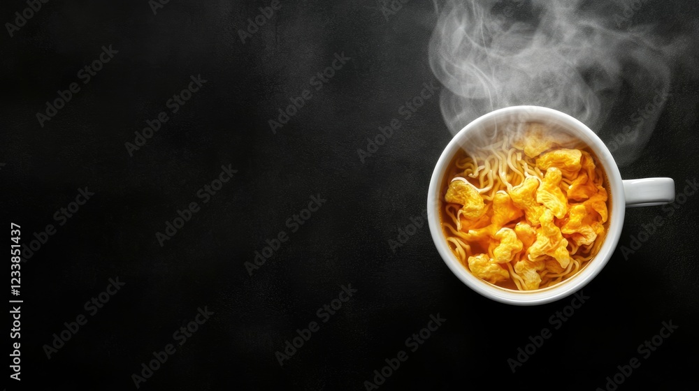 Poster steaming cup of instant noodles on dark background with empty space for text or branding. ideal for 
