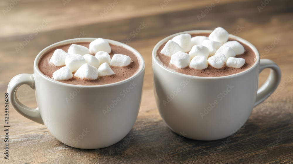 Aufkleber cozy scene of two cups of hot chocolate topped with marshmallows on a rustic wooden table