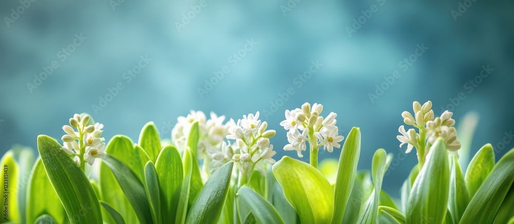 Poster spring hyacinth sprouts on lush green natural background with empty space for text ideal for seasona
