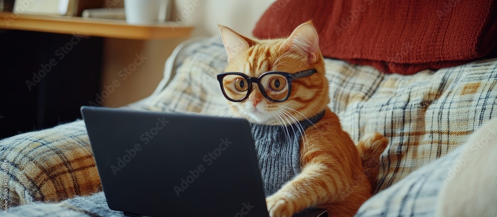 Poster humorous cat wearing glasses working on laptop in cozy office setting with empty space for text and 