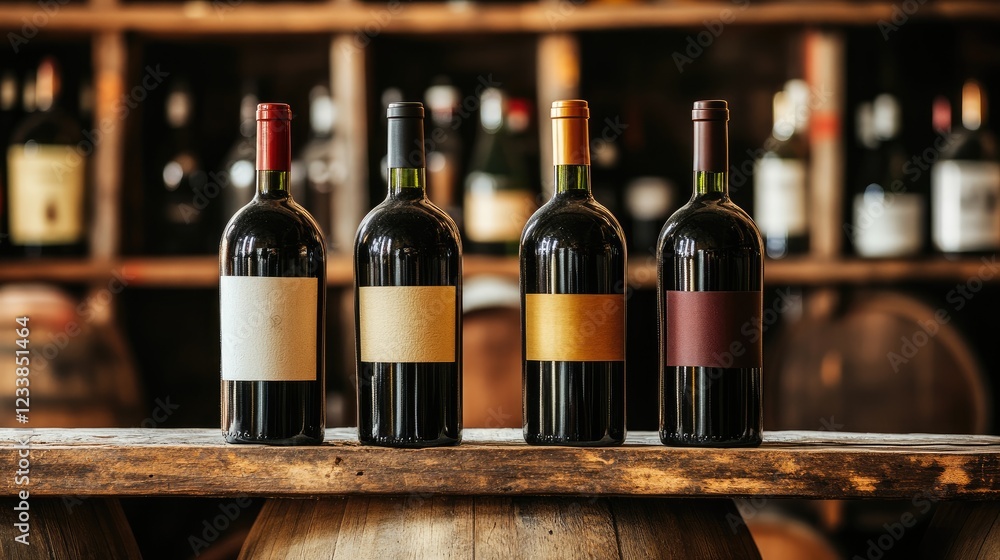 Aufkleber wine bottles with blank labels arranged on a wooden table in a rustic cellar with barrels and shelve