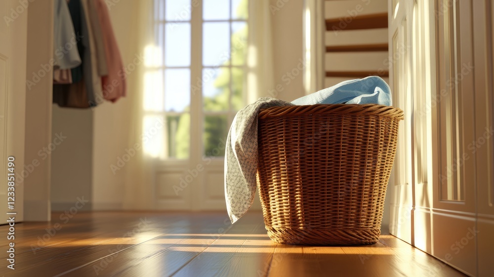 Poster wicker laundry basket in bright hallway with sunlight filtering through windows creating a warm and 