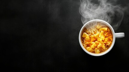 Steaming cup of instant noodles on dark background with empty space for text or branding. Ideal for food or cooking related themes.