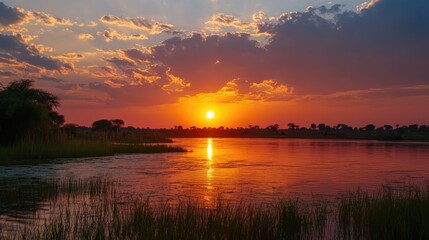 Obraz premium Majestic sunset over tranquil waters with vibrant orange and red hues reflecting on the surface and silhouetted landscape in the foreground