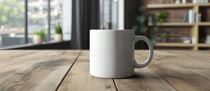 Coffee-filled white mug on rustic wooden table with natural light and blank area for text or branding purposes