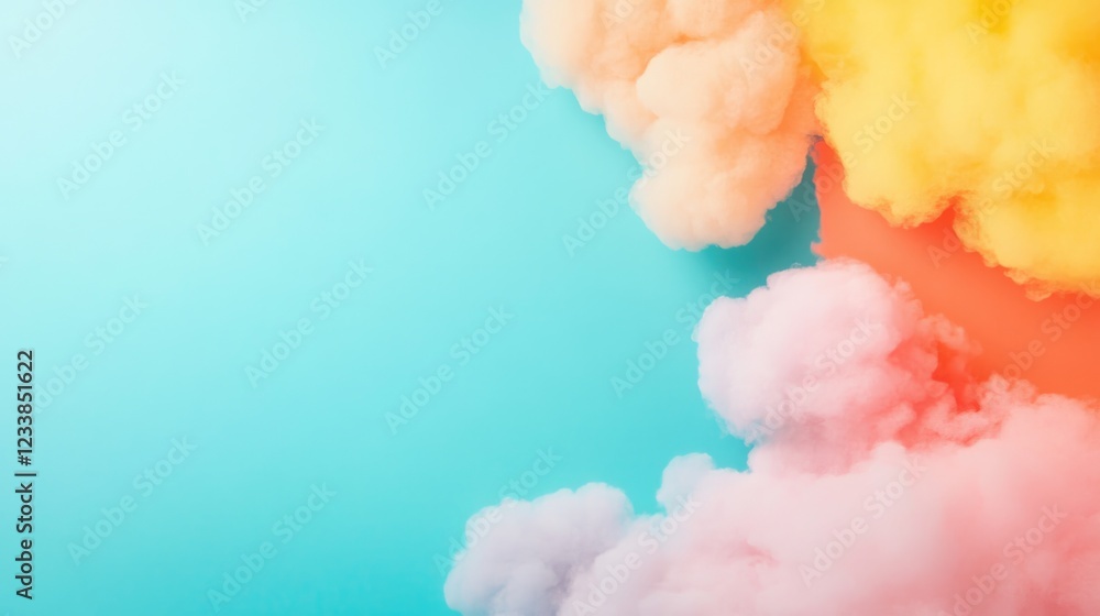 Poster pastel colored clouds on blue background minimalist flat lay design with ample copyspace for text an