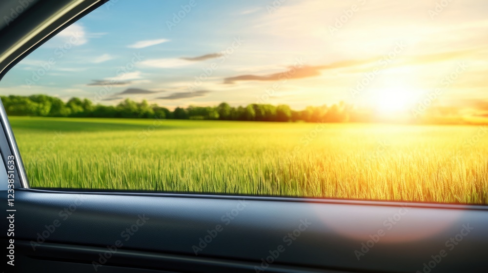 Poster scenic sunset through car window over lush green fields with soft lens flare and ideal space for tex