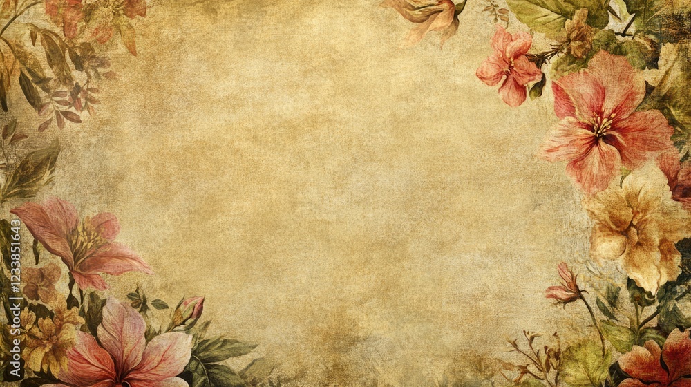 Poster vintage floral print fabric background with empty space for text and decorative elements in soft, mu