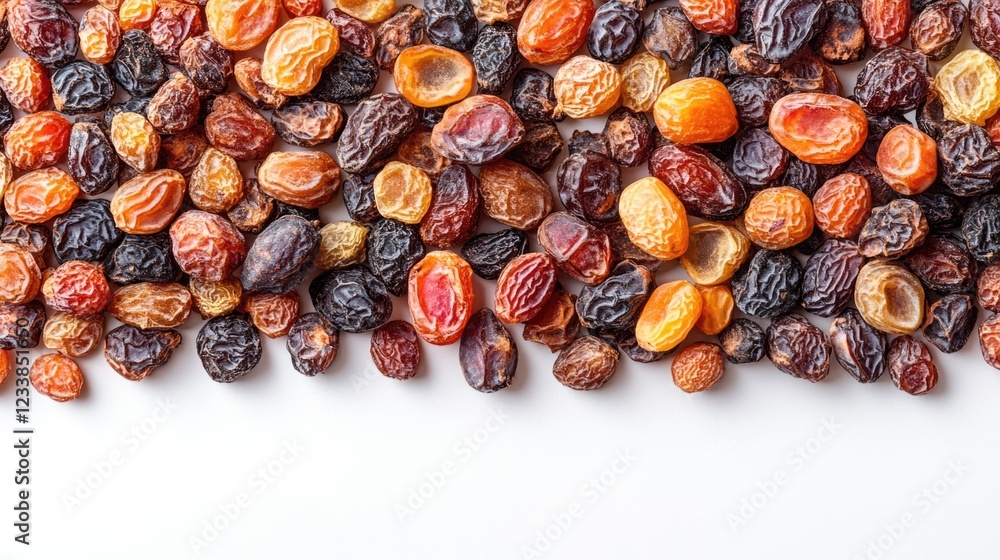 Poster assorted dried date fruits arranged on a white background with space for text showcasing their rich 