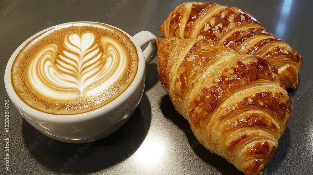 Poster cups of coffee with intricate latte art accompanied by freshly baked pastries on a stylish table set