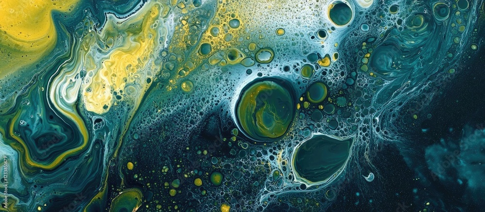 Leinwandbilder liquid marbled art texture in shades of blue and yellow on dark background with copyspace for creati