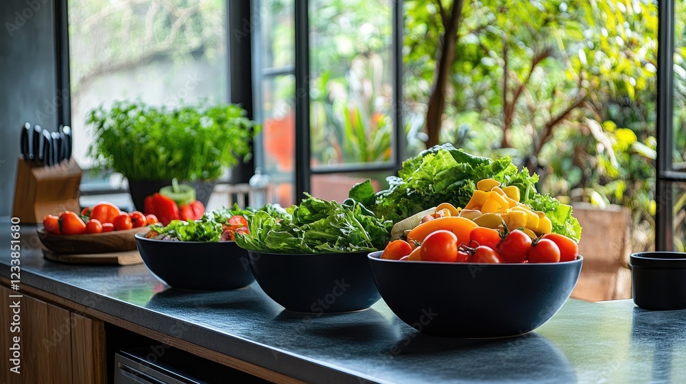 Aufkleber fresh colorful salads and vegetables arranged on a kitchen counter with greenery and natural light c