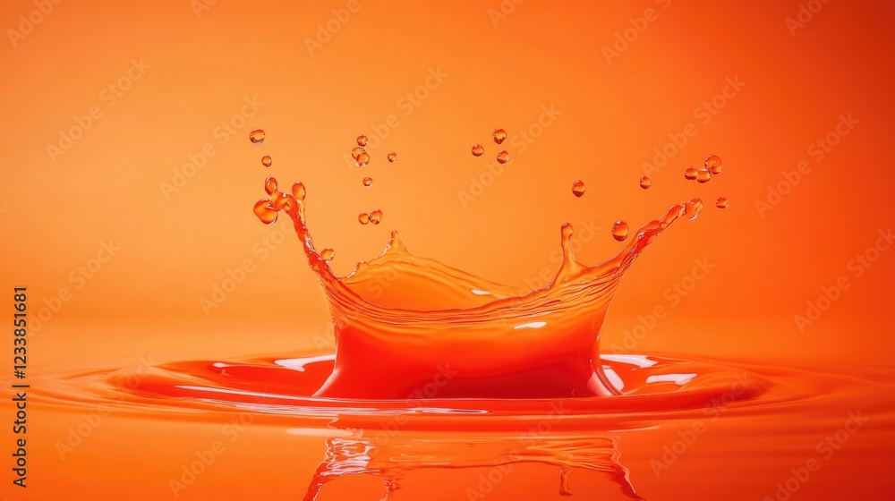 Poster vibrant orange liquid splash impact with droplets and smooth surface creating empty space for text o