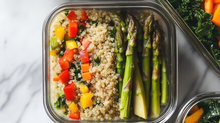 Vibrant meal prep container featuring colorful quinoa with fresh asparagus and kale on a marble surface