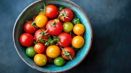 Freshly Harvested Colorful Cherry Tomatoes in a Rustic Bowl Perfect for Summer Recipes and Culinary Creations