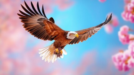 Fototapeta premium Majestic Bald Eagle in Flight Against a Colorful Blossom Background