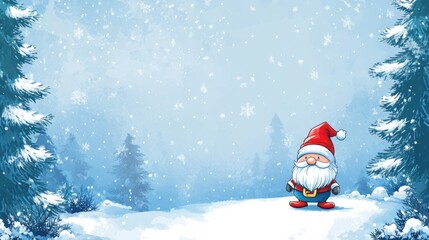 Winter Wonderland Scene with Gnome in Snowy Landscape Featuring Ample Space for Text or Messages